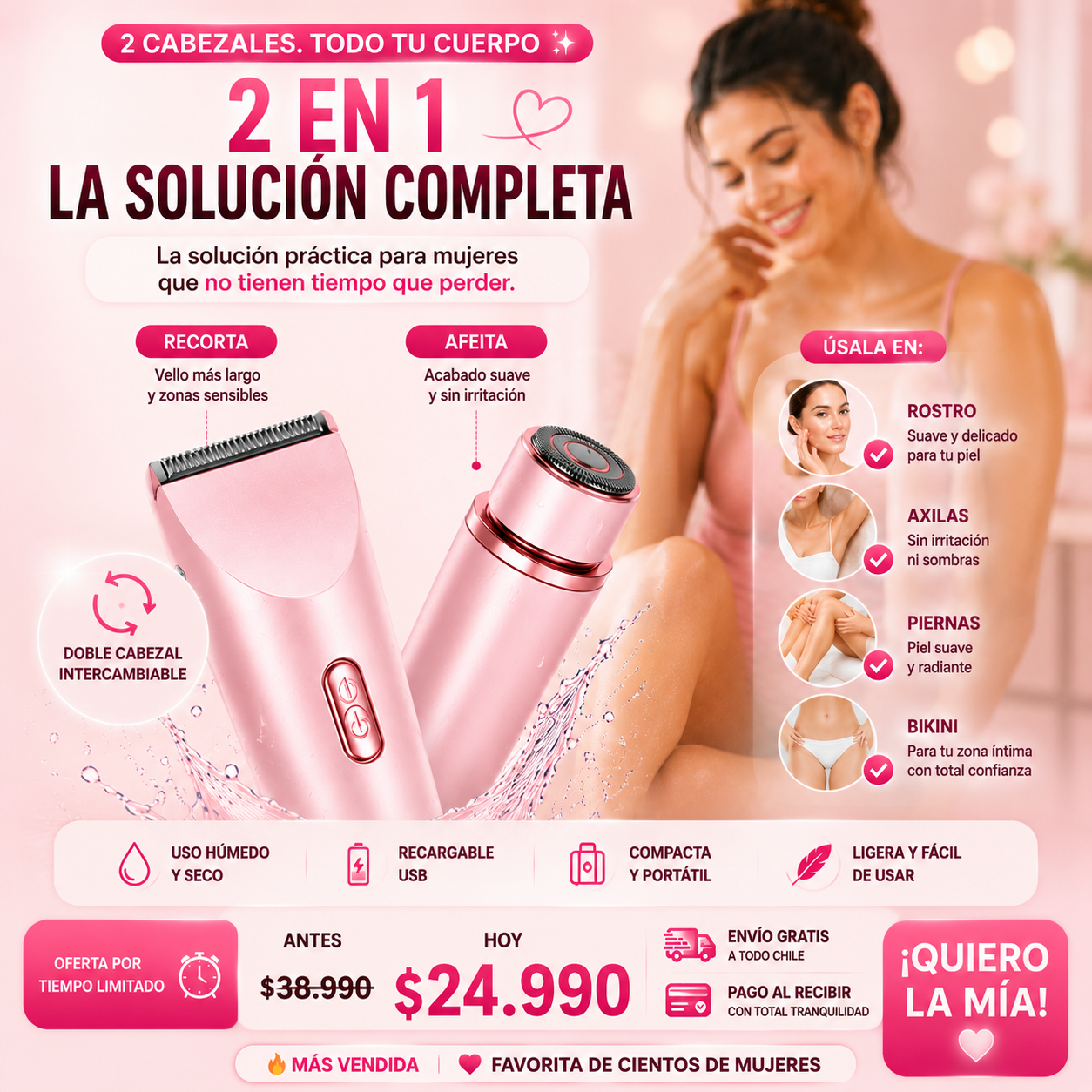 Dual-Head Shave™, Depiladora Femenina Automática de Doble Cabezal 2 en 1 🌺