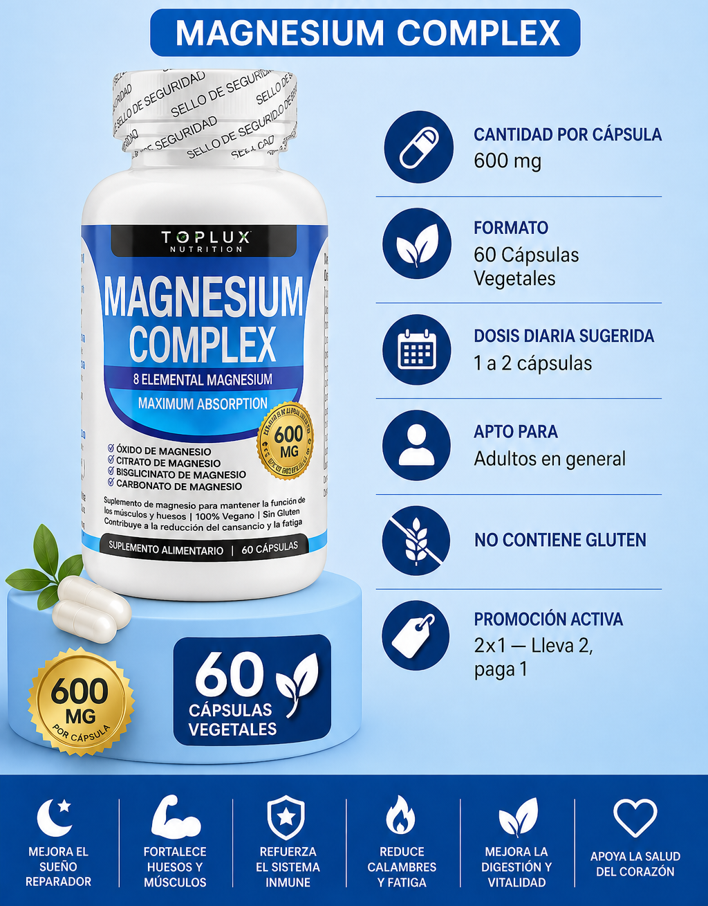 🔥 2x1 Magnesium Complex 600 mg 🔥 Menos Estrés, Más Energía y Tu Bienestar al Doble.
