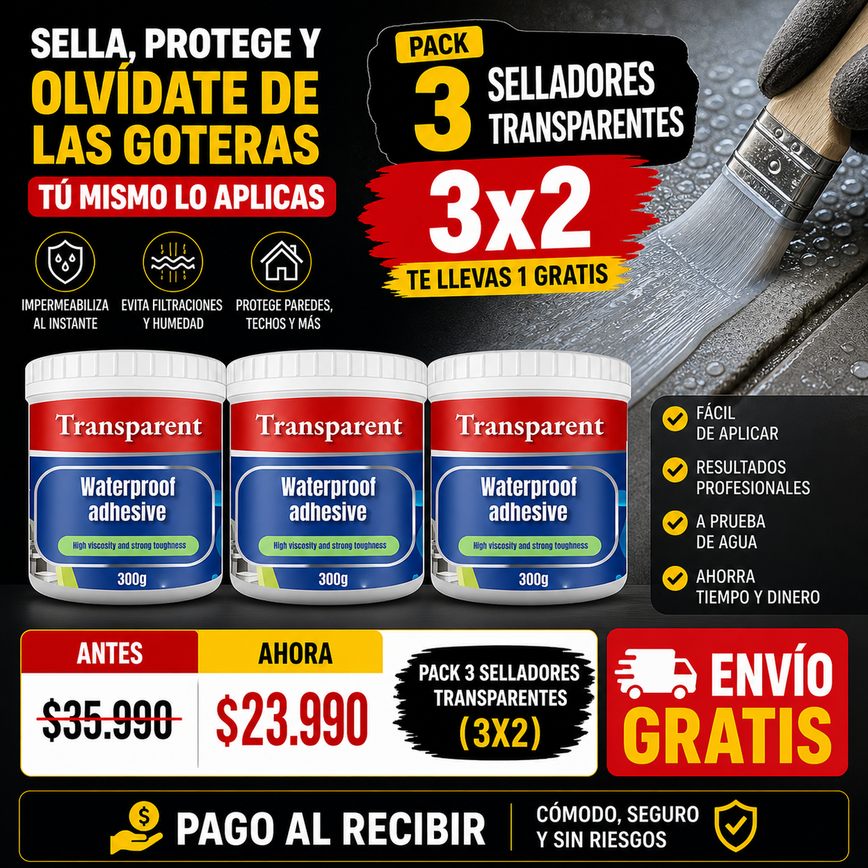 🔥 3x2 Sellador Adhesivo y Tapagoteras Transparente 300cc c/u - Sella Techos, Paredes y Ventanas sin Pagar demás ✔