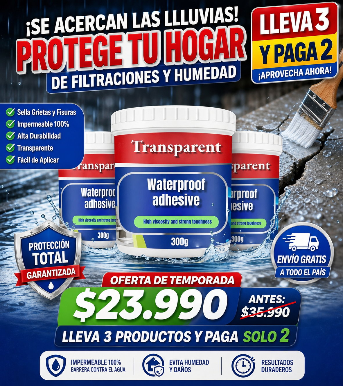 🔥 3x2 Sellador Adhesivo y Tapagoteras Transparente 300cc c/u - Sella Techos, Paredes y Ventanas sin Pagar demás ✔